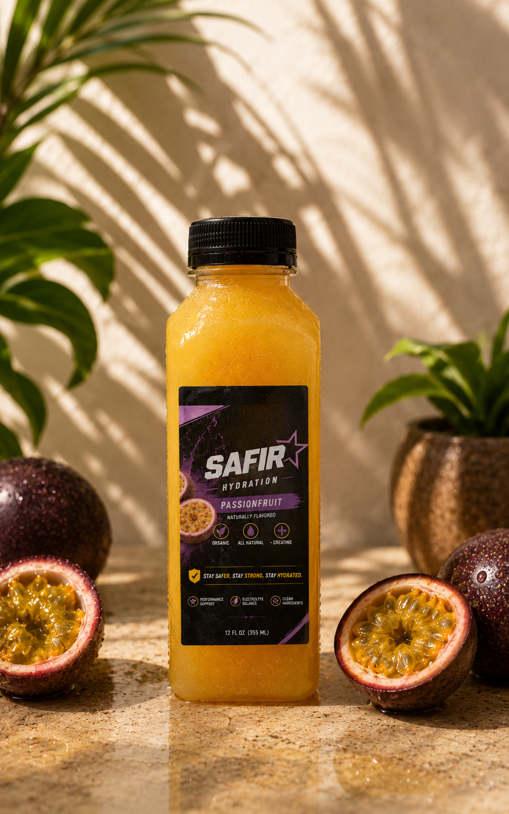 Safir Hydration Passionfruit organic hydration drink with creatine, 12oz bottle