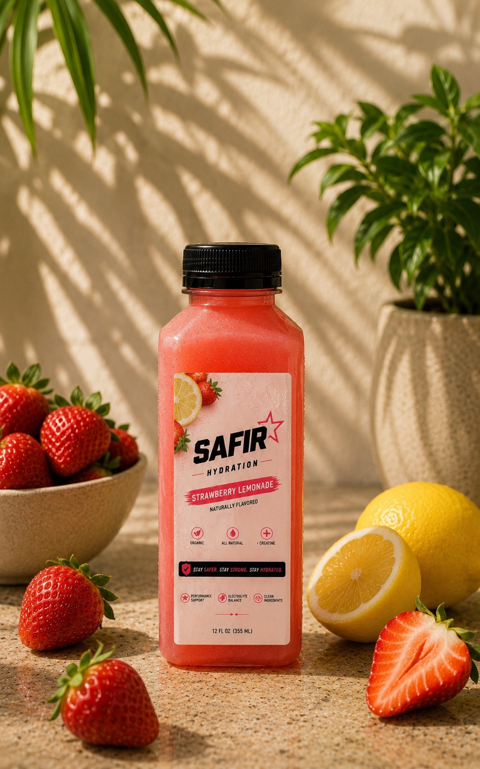 Safir Hydration Strawberry Lemonade organic hydration drink with creatine, 12oz bottle