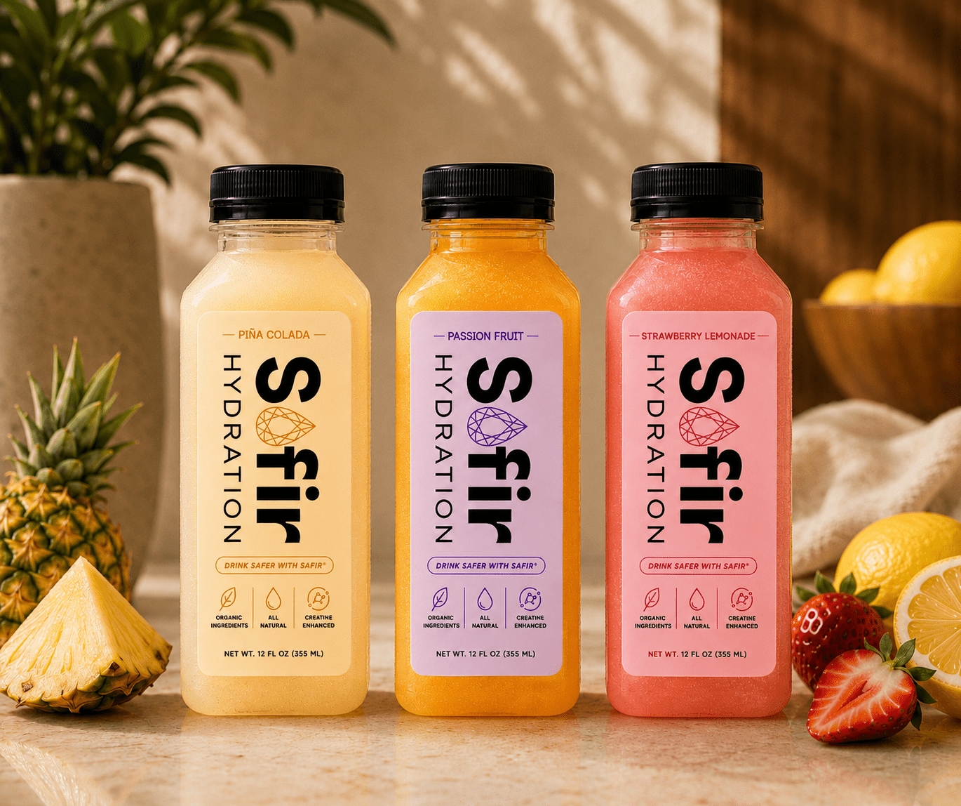 Safir Hydration Variety Pack with Piña Colada, Strawberry Lemonade, and Passionfruit organic hydration bottles