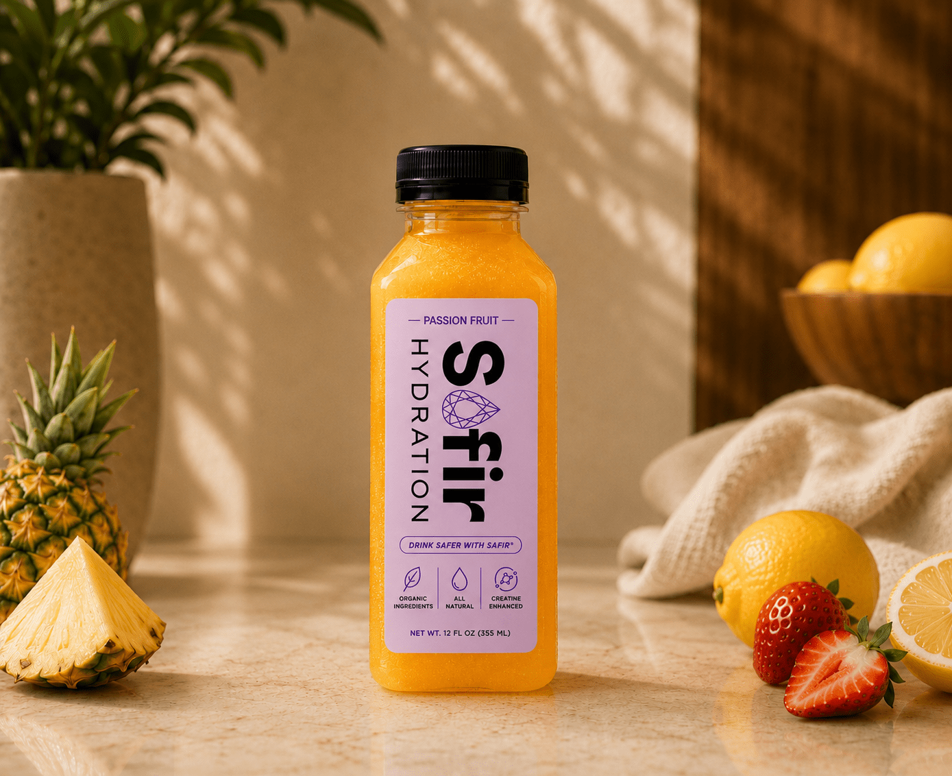 Safir Hydration Passionfruit organic hydration drink bottle with creatine monohydrate and raw organic honey