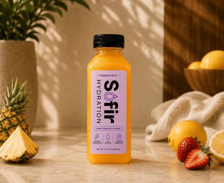 Safir Hydration Passionfruit organic hydration drink bottle with creatine monohydrate and raw organic honey