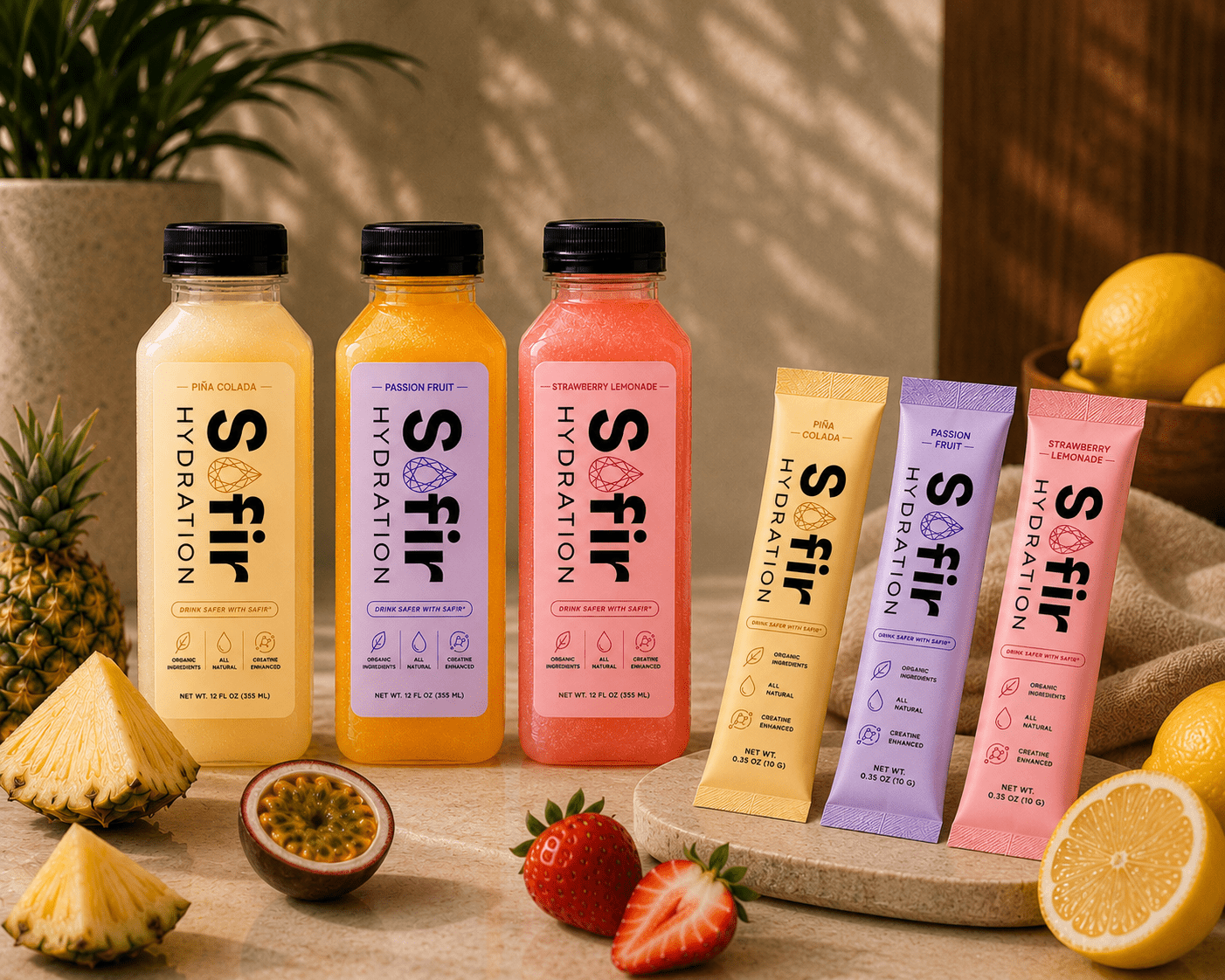 Safir Hydration Try Everything Bundle with variety bottles and stick packs