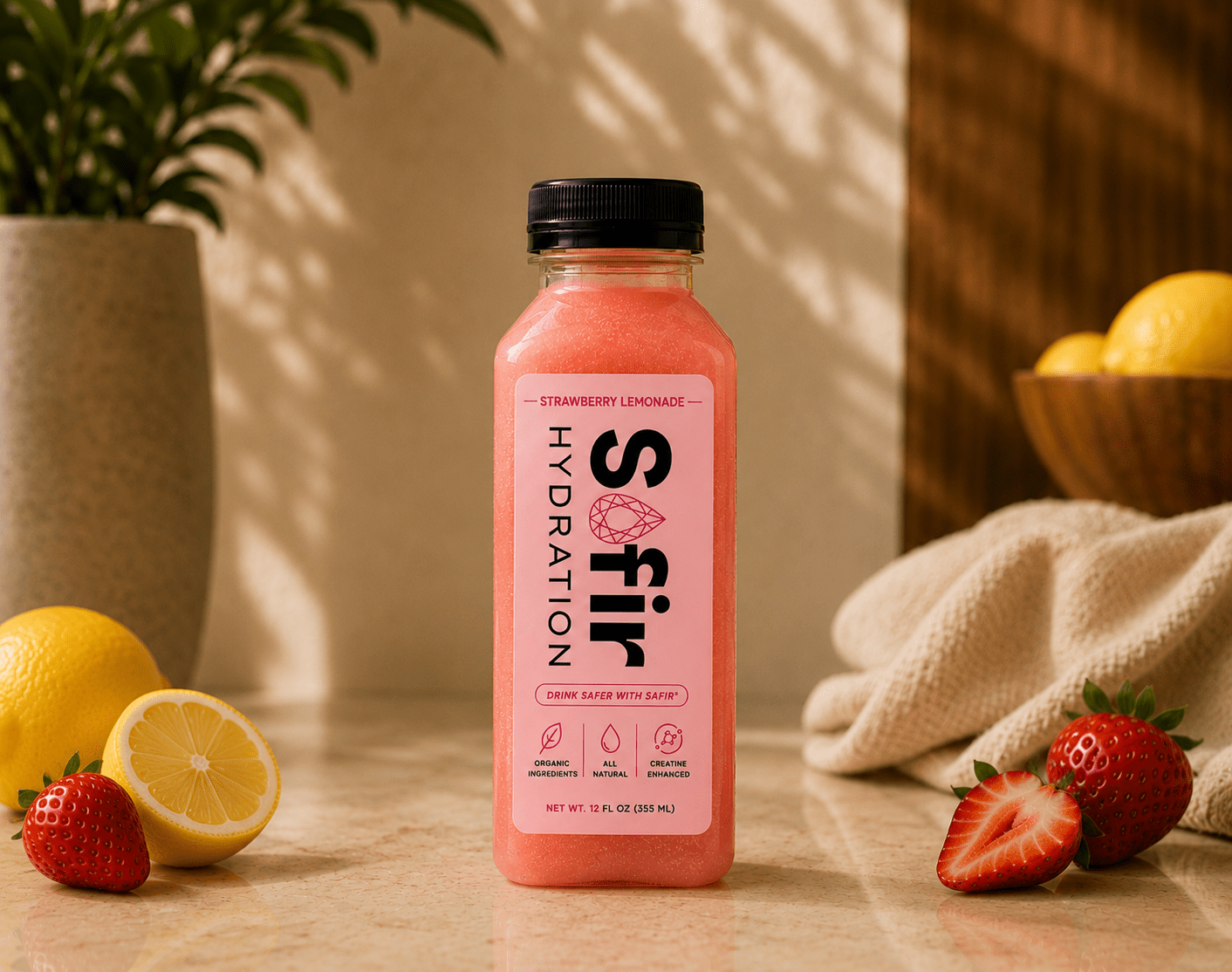 Safir Hydration Strawberry Lemonade organic hydration drink bottle with creatine monohydrate and raw organic honey